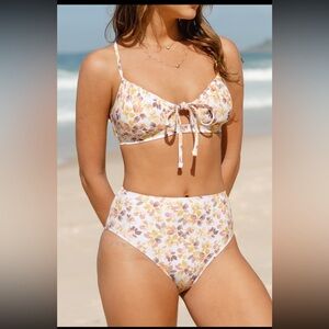 Ditsy Lace-back Top & Shirred Mid-rise Bikini Swimsuit